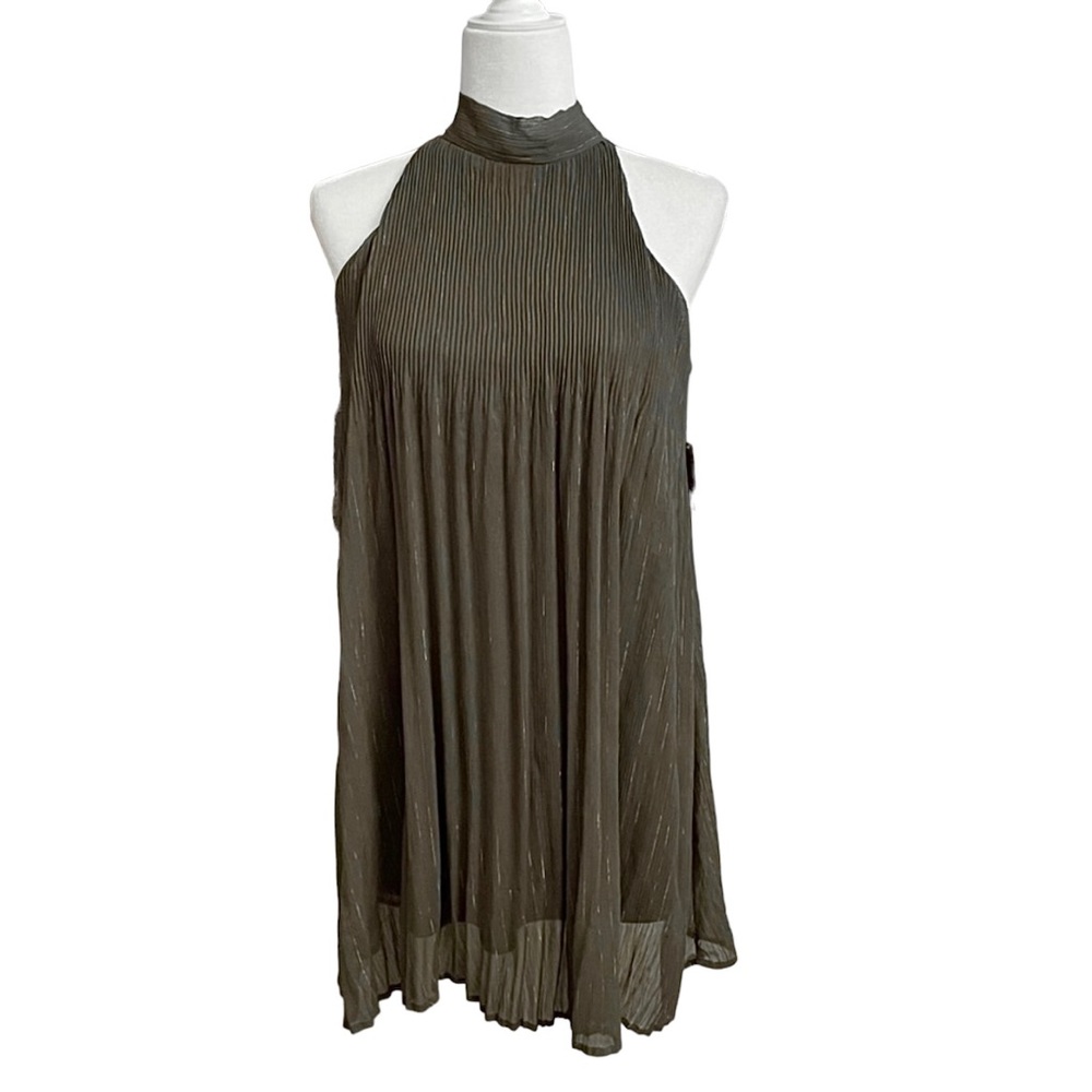 Taylor & Sage Pleated Metallic Striped Olive Sleeveless Shift Mini Dress Small